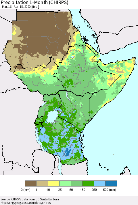 Eastern Africa Precipitation 1-Month (CHIRPS) Thematic Map For 3/16/2020 - 4/15/2020