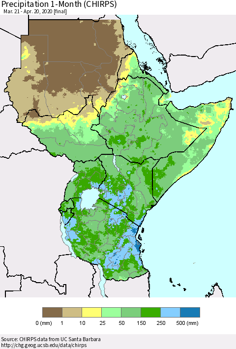 Eastern Africa Precipitation 1-Month (CHIRPS) Thematic Map For 3/21/2020 - 4/20/2020