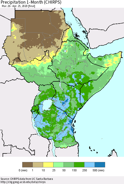 Eastern Africa Precipitation 1-Month (CHIRPS) Thematic Map For 3/26/2020 - 4/25/2020