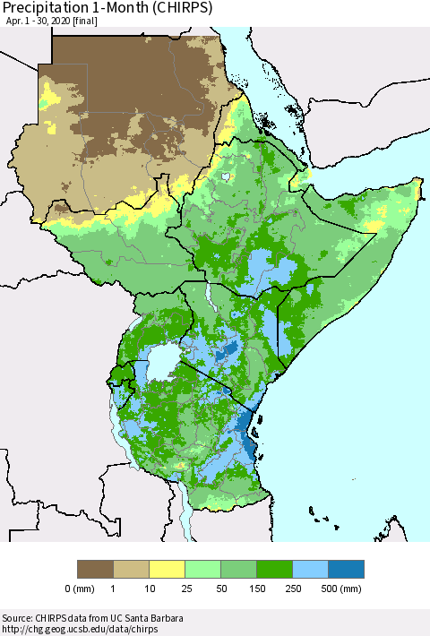 Eastern Africa Precipitation 1-Month (CHIRPS) Thematic Map For 4/1/2020 - 4/30/2020
