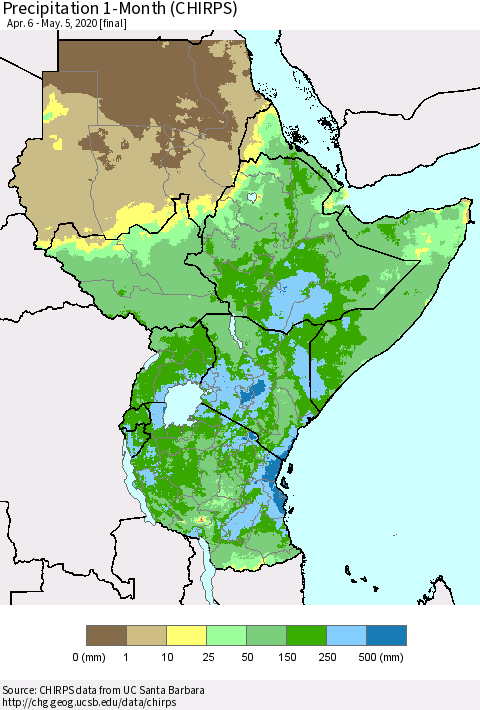 Eastern Africa Precipitation 1-Month (CHIRPS) Thematic Map For 4/6/2020 - 5/5/2020