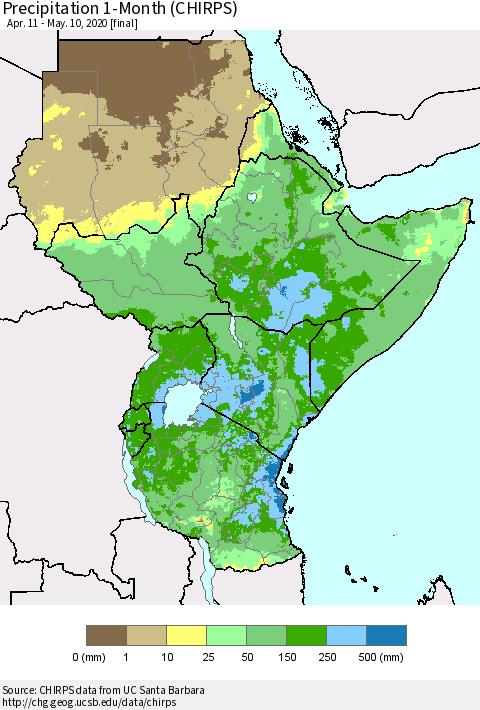 Eastern Africa Precipitation 1-Month (CHIRPS) Thematic Map For 4/11/2020 - 5/10/2020