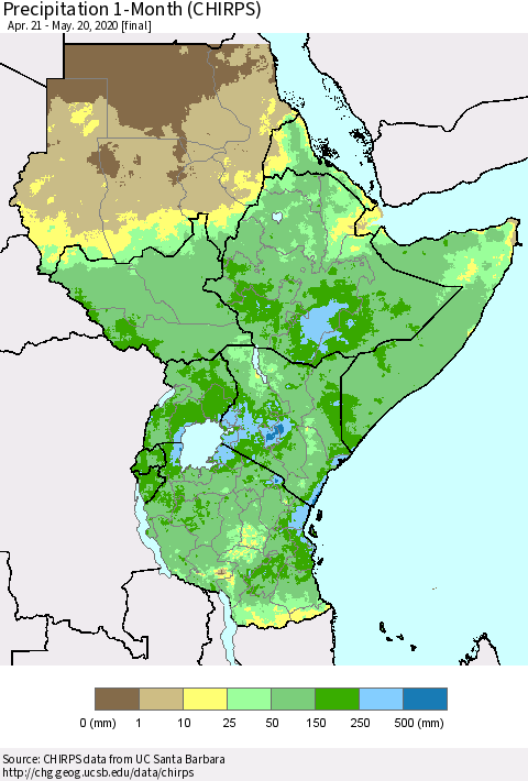 Eastern Africa Precipitation 1-Month (CHIRPS) Thematic Map For 4/21/2020 - 5/20/2020