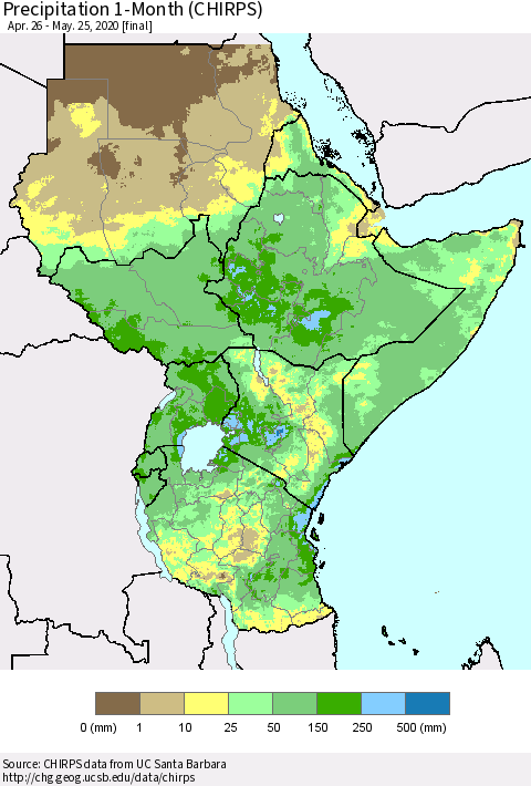 Eastern Africa Precipitation 1-Month (CHIRPS) Thematic Map For 4/26/2020 - 5/25/2020