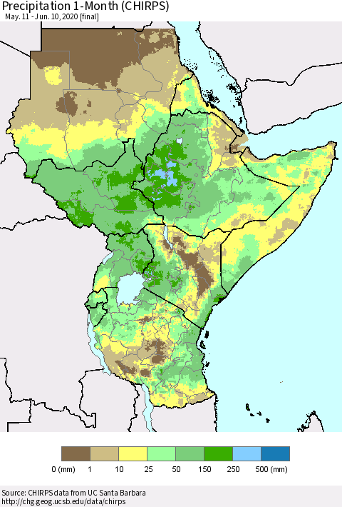 Eastern Africa Precipitation 1-Month (CHIRPS) Thematic Map For 5/11/2020 - 6/10/2020