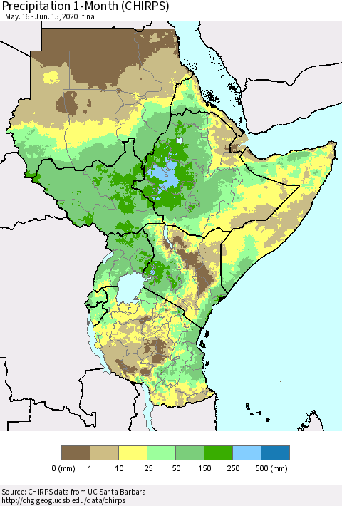Eastern Africa Precipitation 1-Month (CHIRPS) Thematic Map For 5/16/2020 - 6/15/2020