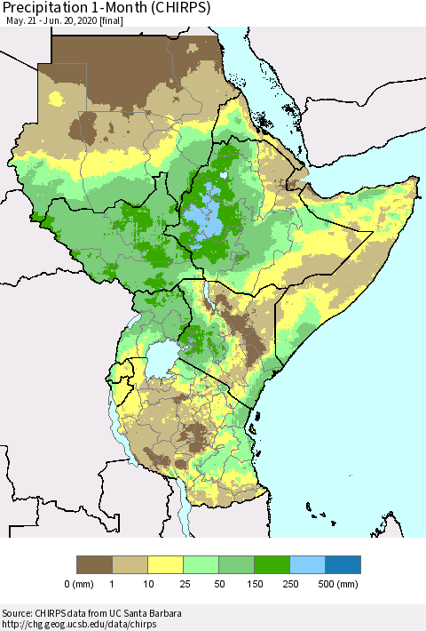 Eastern Africa Precipitation 1-Month (CHIRPS) Thematic Map For 5/21/2020 - 6/20/2020