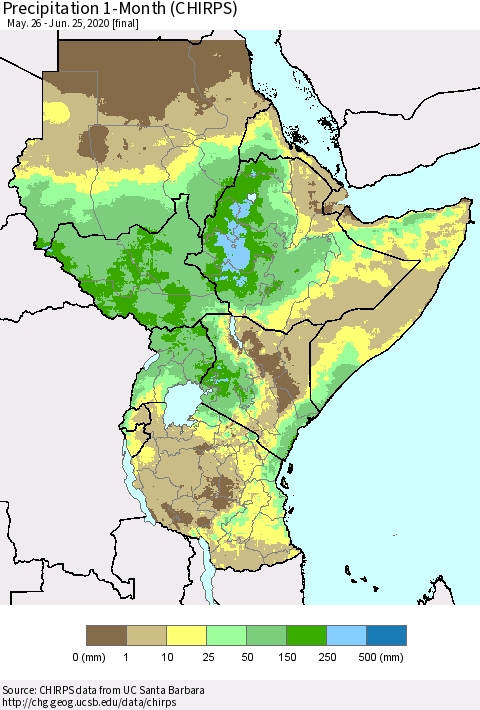 Eastern Africa Precipitation 1-Month (CHIRPS) Thematic Map For 5/26/2020 - 6/25/2020