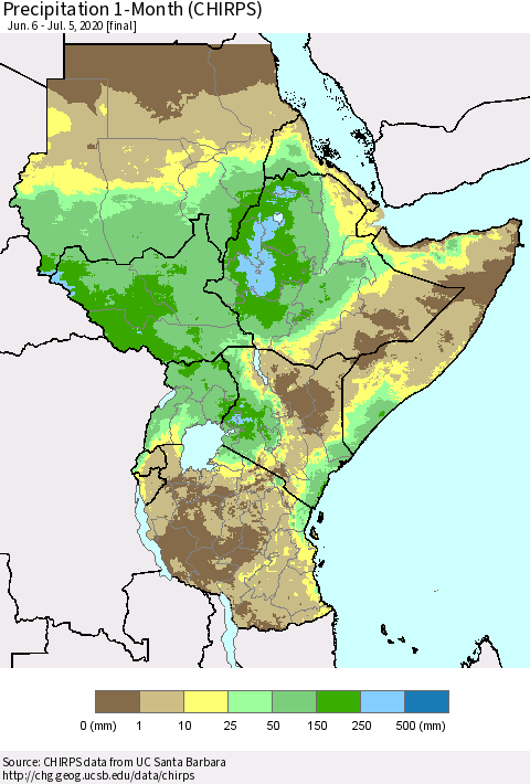 Eastern Africa Precipitation 1-Month (CHIRPS) Thematic Map For 6/6/2020 - 7/5/2020