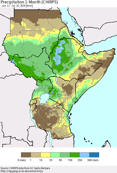 Eastern Africa Precipitation 1-Month (CHIRPS) Thematic Map For 6/11/2020 - 7/10/2020
