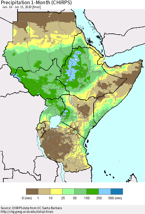 Eastern Africa Precipitation 1-Month (CHIRPS) Thematic Map For 6/16/2020 - 7/15/2020