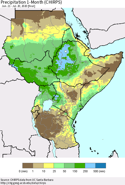 Eastern Africa Precipitation 1-Month (CHIRPS) Thematic Map For 6/21/2020 - 7/20/2020