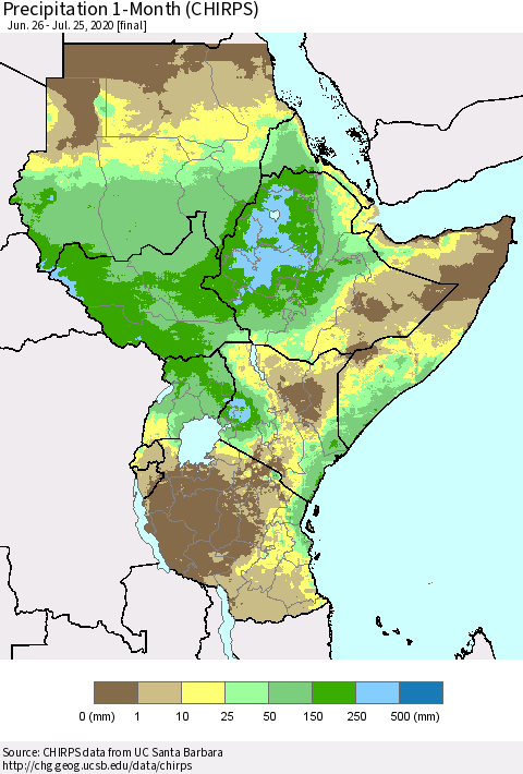 Eastern Africa Precipitation 1-Month (CHIRPS) Thematic Map For 6/26/2020 - 7/25/2020