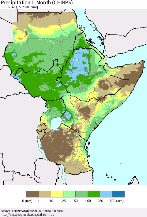 Eastern Africa Precipitation 1-Month (CHIRPS) Thematic Map For 7/6/2020 - 8/5/2020