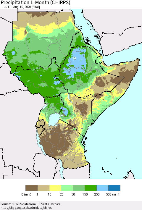 Eastern Africa Precipitation 1-Month (CHIRPS) Thematic Map For 7/11/2020 - 8/10/2020