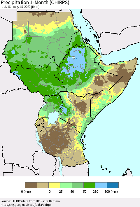 Eastern Africa Precipitation 1-Month (CHIRPS) Thematic Map For 7/16/2020 - 8/15/2020