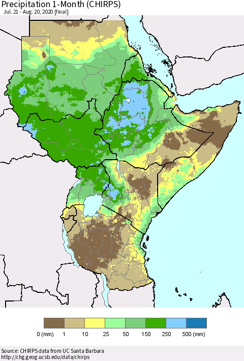 Eastern Africa Precipitation 1-Month (CHIRPS) Thematic Map For 7/21/2020 - 8/20/2020