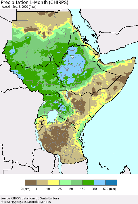 Eastern Africa Precipitation 1-Month (CHIRPS) Thematic Map For 8/6/2020 - 9/5/2020