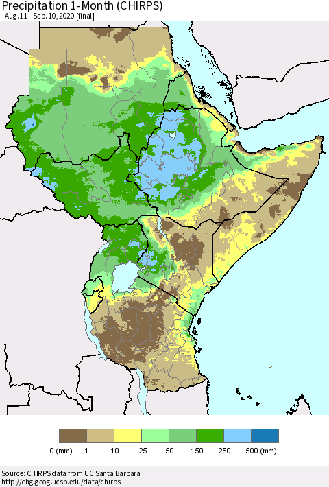 Eastern Africa Precipitation 1-Month (CHIRPS) Thematic Map For 8/11/2020 - 9/10/2020