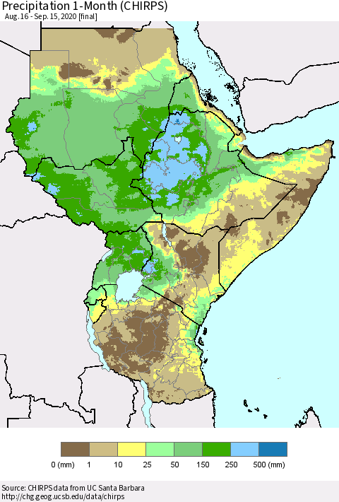 Eastern Africa Precipitation 1-Month (CHIRPS) Thematic Map For 8/16/2020 - 9/15/2020