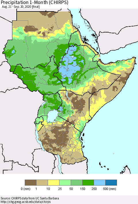 Eastern Africa Precipitation 1-Month (CHIRPS) Thematic Map For 8/21/2020 - 9/20/2020