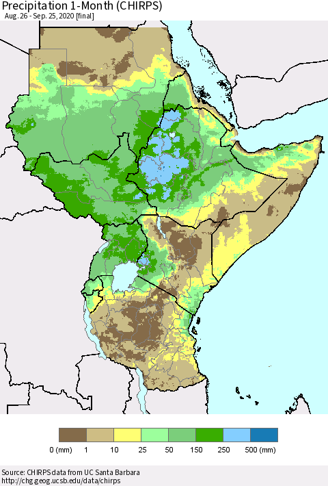 Eastern Africa Precipitation 1-Month (CHIRPS) Thematic Map For 8/26/2020 - 9/25/2020