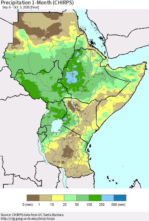Eastern Africa Precipitation 1-Month (CHIRPS) Thematic Map For 9/6/2020 - 10/5/2020