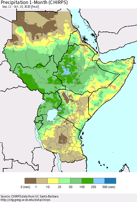 Eastern Africa Precipitation 1-Month (CHIRPS) Thematic Map For 9/11/2020 - 10/10/2020