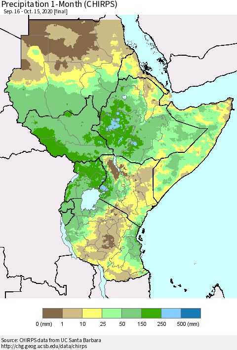Eastern Africa Precipitation 1-Month (CHIRPS) Thematic Map For 9/16/2020 - 10/15/2020