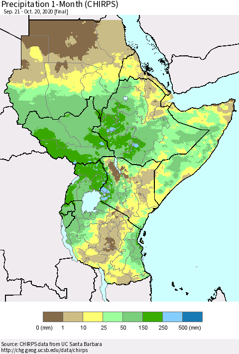 Eastern Africa Precipitation 1-Month (CHIRPS) Thematic Map For 9/21/2020 - 10/20/2020