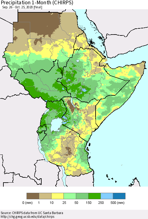 Eastern Africa Precipitation 1-Month (CHIRPS) Thematic Map For 9/26/2020 - 10/25/2020