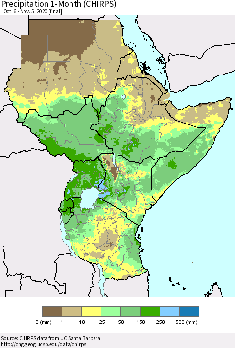 Eastern Africa Precipitation 1-Month (CHIRPS) Thematic Map For 10/6/2020 - 11/5/2020
