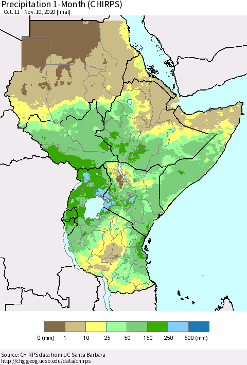 Eastern Africa Precipitation 1-Month (CHIRPS) Thematic Map For 10/11/2020 - 11/10/2020