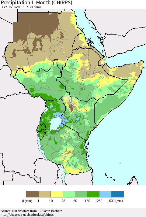 Eastern Africa Precipitation 1-Month (CHIRPS) Thematic Map For 10/16/2020 - 11/15/2020