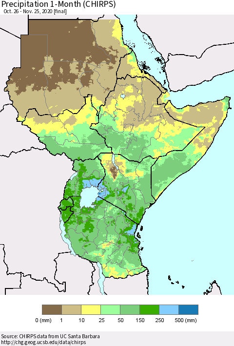 Eastern Africa Precipitation 1-Month (CHIRPS) Thematic Map For 10/26/2020 - 11/25/2020