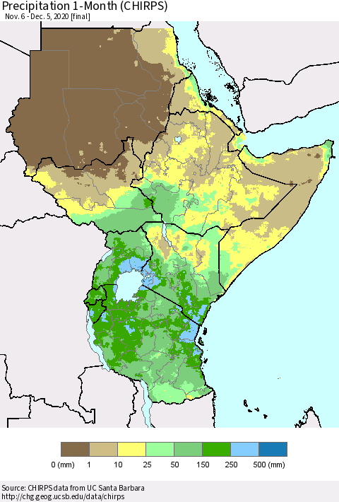 Eastern Africa Precipitation 1-Month (CHIRPS) Thematic Map For 11/6/2020 - 12/5/2020