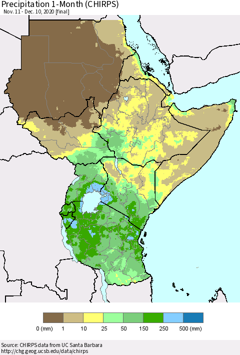Eastern Africa Precipitation 1-Month (CHIRPS) Thematic Map For 11/11/2020 - 12/10/2020