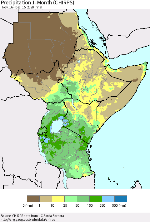 Eastern Africa Precipitation 1-Month (CHIRPS) Thematic Map For 11/16/2020 - 12/15/2020