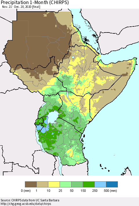 Eastern Africa Precipitation 1-Month (CHIRPS) Thematic Map For 11/21/2020 - 12/20/2020