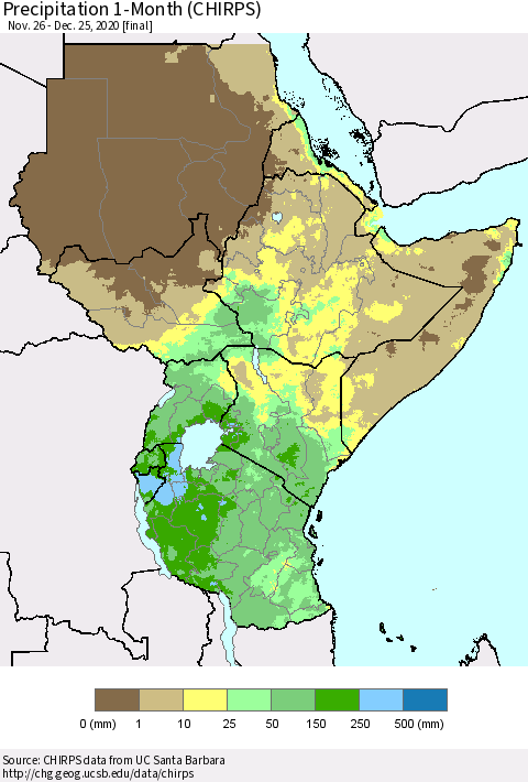 Eastern Africa Precipitation 1-Month (CHIRPS) Thematic Map For 11/26/2020 - 12/25/2020