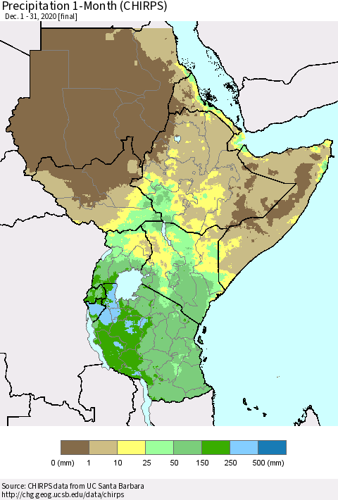 Eastern Africa Precipitation 1-Month (CHIRPS) Thematic Map For 12/1/2020 - 12/31/2020