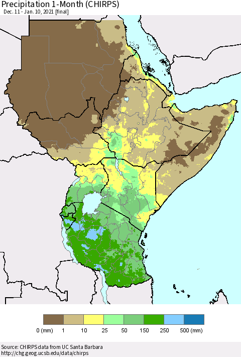 Eastern Africa Precipitation 1-Month (CHIRPS) Thematic Map For 12/11/2020 - 1/10/2021