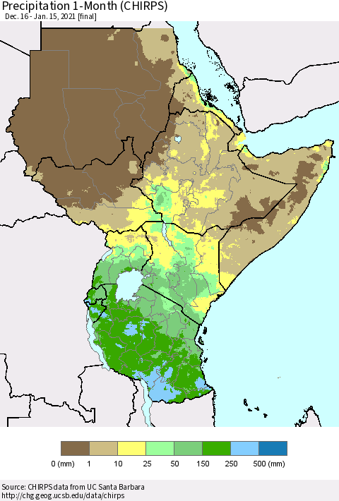 Eastern Africa Precipitation 1-Month (CHIRPS) Thematic Map For 12/16/2020 - 1/15/2021