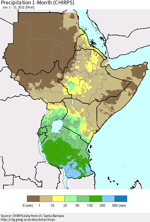 Eastern Africa Precipitation 1-Month (CHIRPS) Thematic Map For 1/1/2021 - 1/31/2021