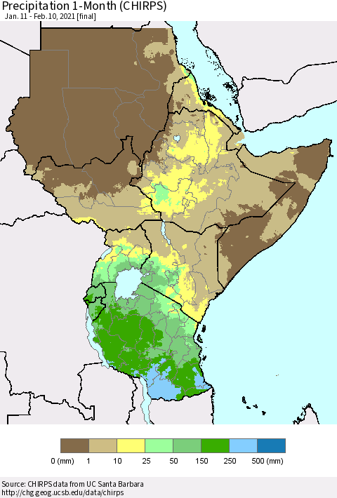 Eastern Africa Precipitation 1-Month (CHIRPS) Thematic Map For 1/11/2021 - 2/10/2021