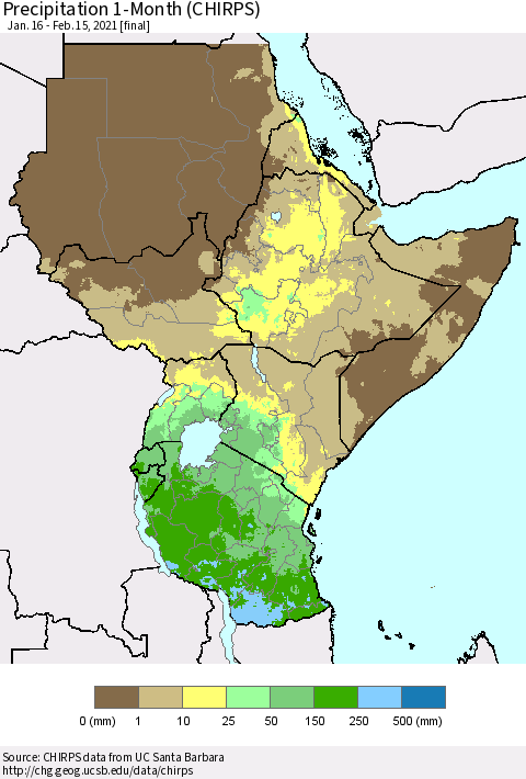 Eastern Africa Precipitation 1-Month (CHIRPS) Thematic Map For 1/16/2021 - 2/15/2021