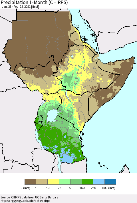 Eastern Africa Precipitation 1-Month (CHIRPS) Thematic Map For 1/26/2021 - 2/25/2021