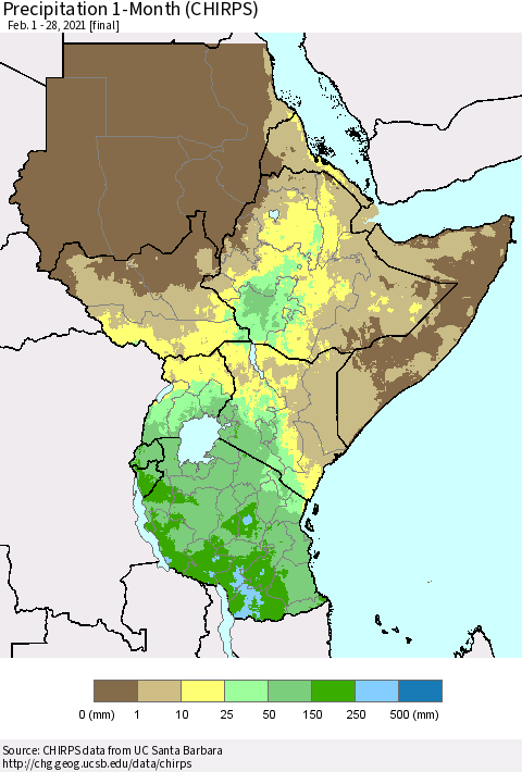 Eastern Africa Precipitation 1-Month (CHIRPS) Thematic Map For 2/1/2021 - 2/28/2021