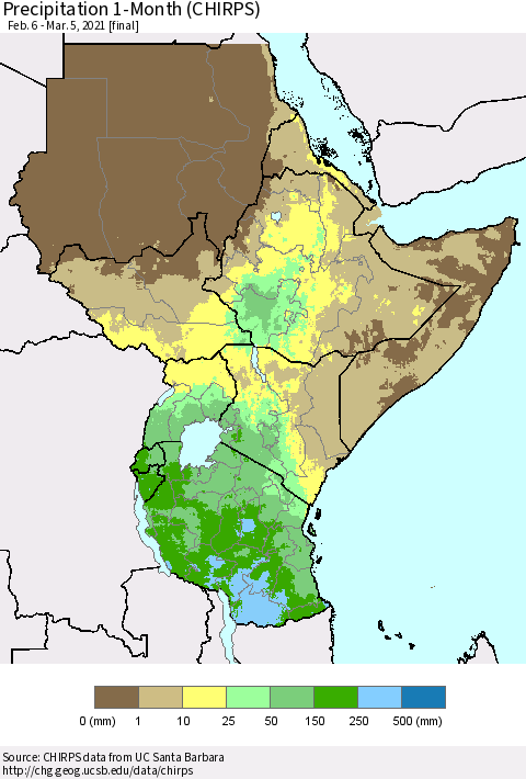 Eastern Africa Precipitation 1-Month (CHIRPS) Thematic Map For 2/6/2021 - 3/5/2021