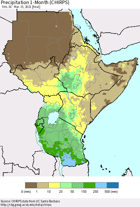 Eastern Africa Precipitation 1-Month (CHIRPS) Thematic Map For 2/16/2021 - 3/15/2021